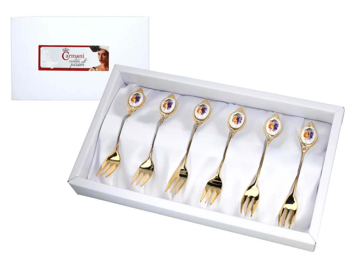 Set mit 6 Kuchengabeln, mit 24K Gold beschichtete Kuchengabeln, Obstmotiv