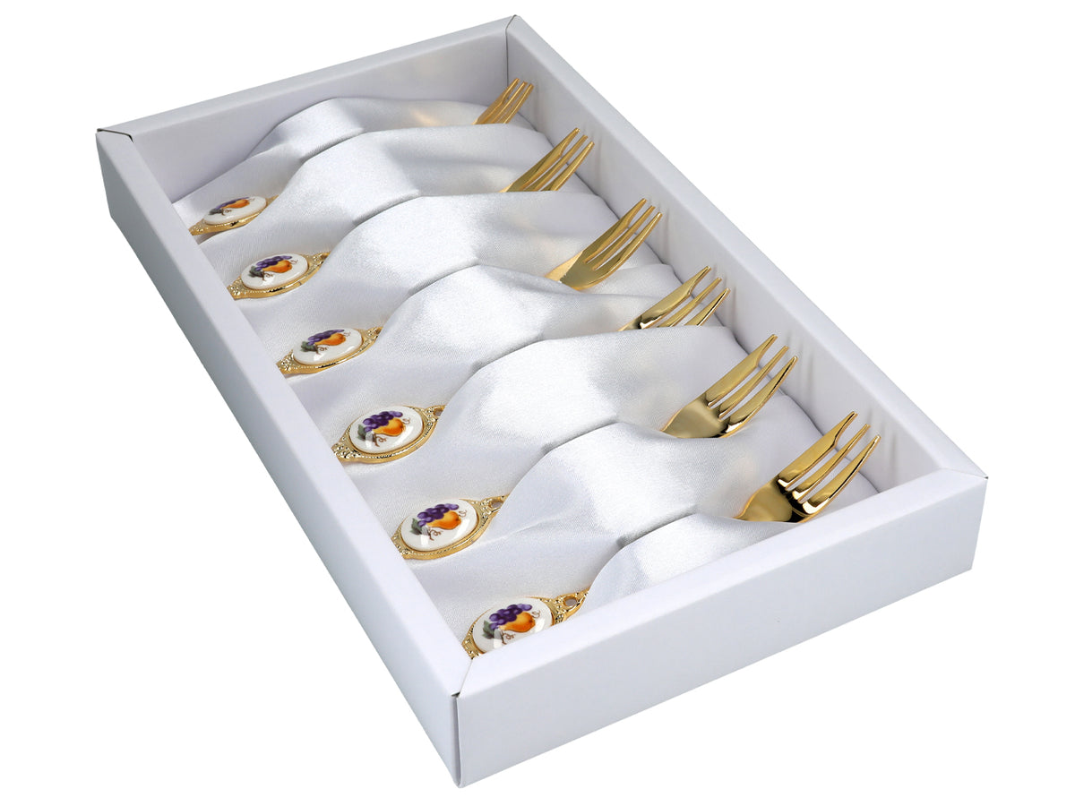 Set mit 6 Kuchengabeln, mit 24K Gold beschichtete Kuchengabeln, Obstmotiv
