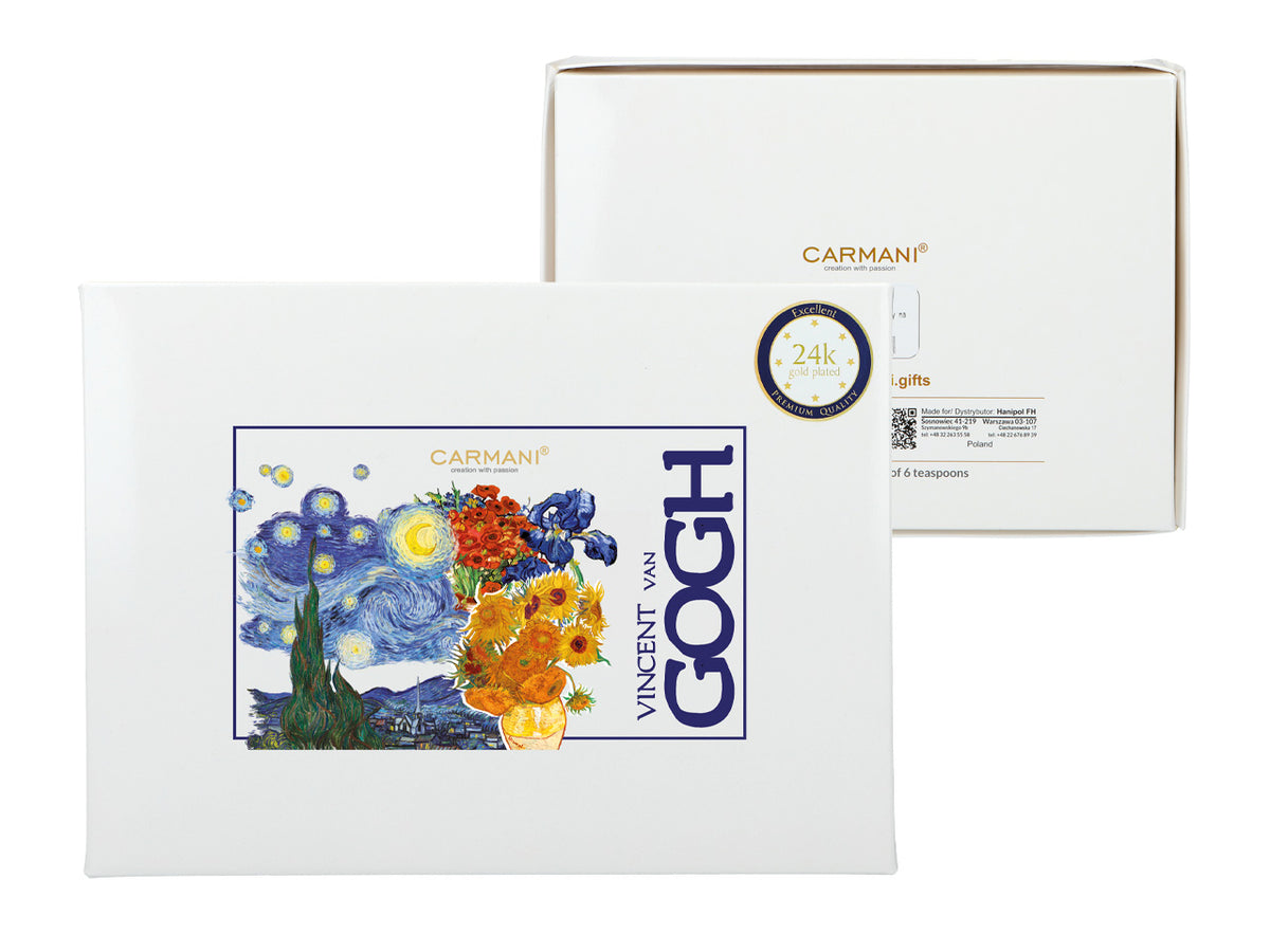 Set aus 6 goldenen Löffelchen mit dem Motiv der Sonnenblumen von Vincent van Gogh