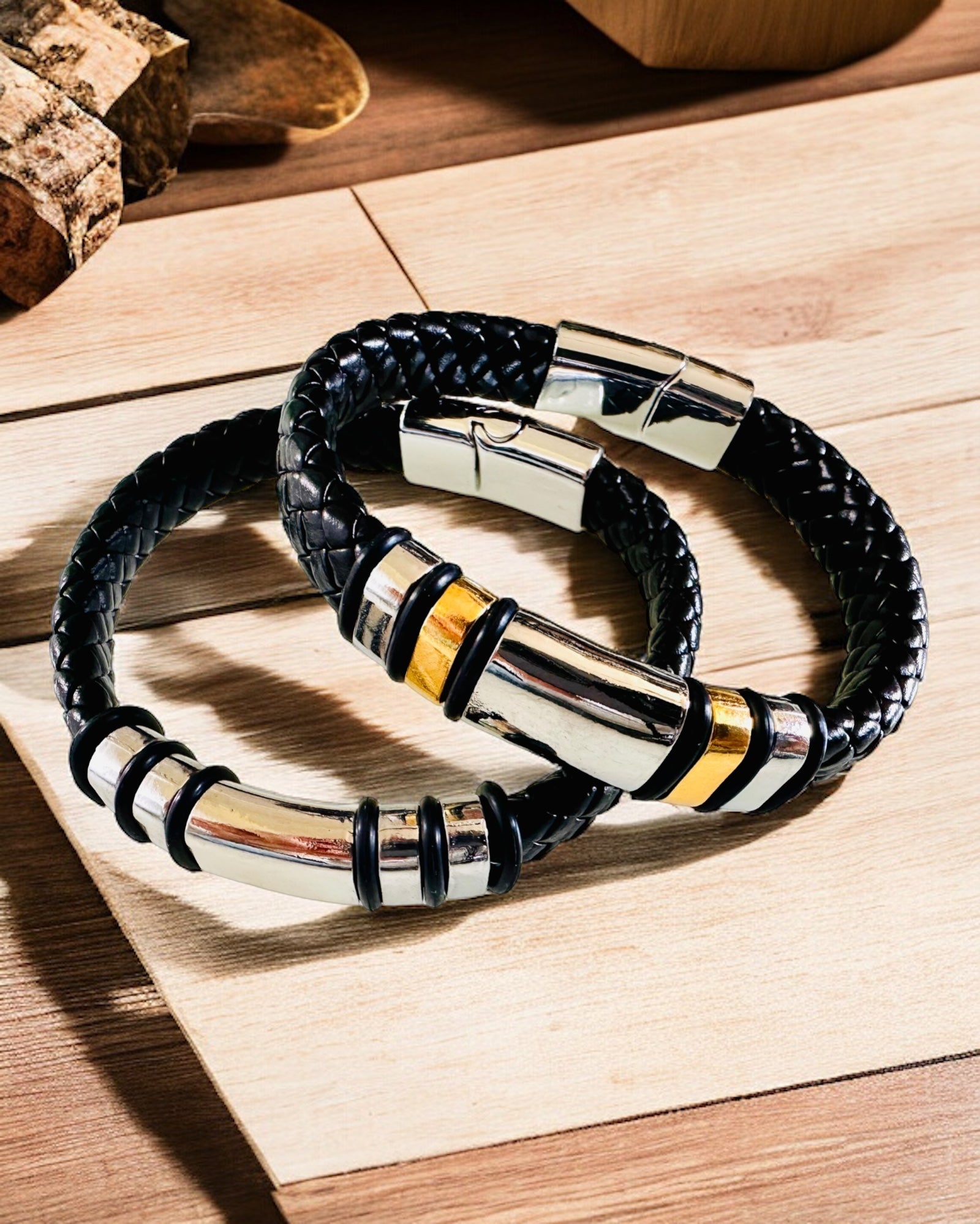 Modisches Hip-Hop-Armband für Männer mit Gravur nach Maß und magnetischem Verschluss – Wählen Sie einen Stil mit silbernen oder goldenen Akzenten, 22 cm PU-Leder