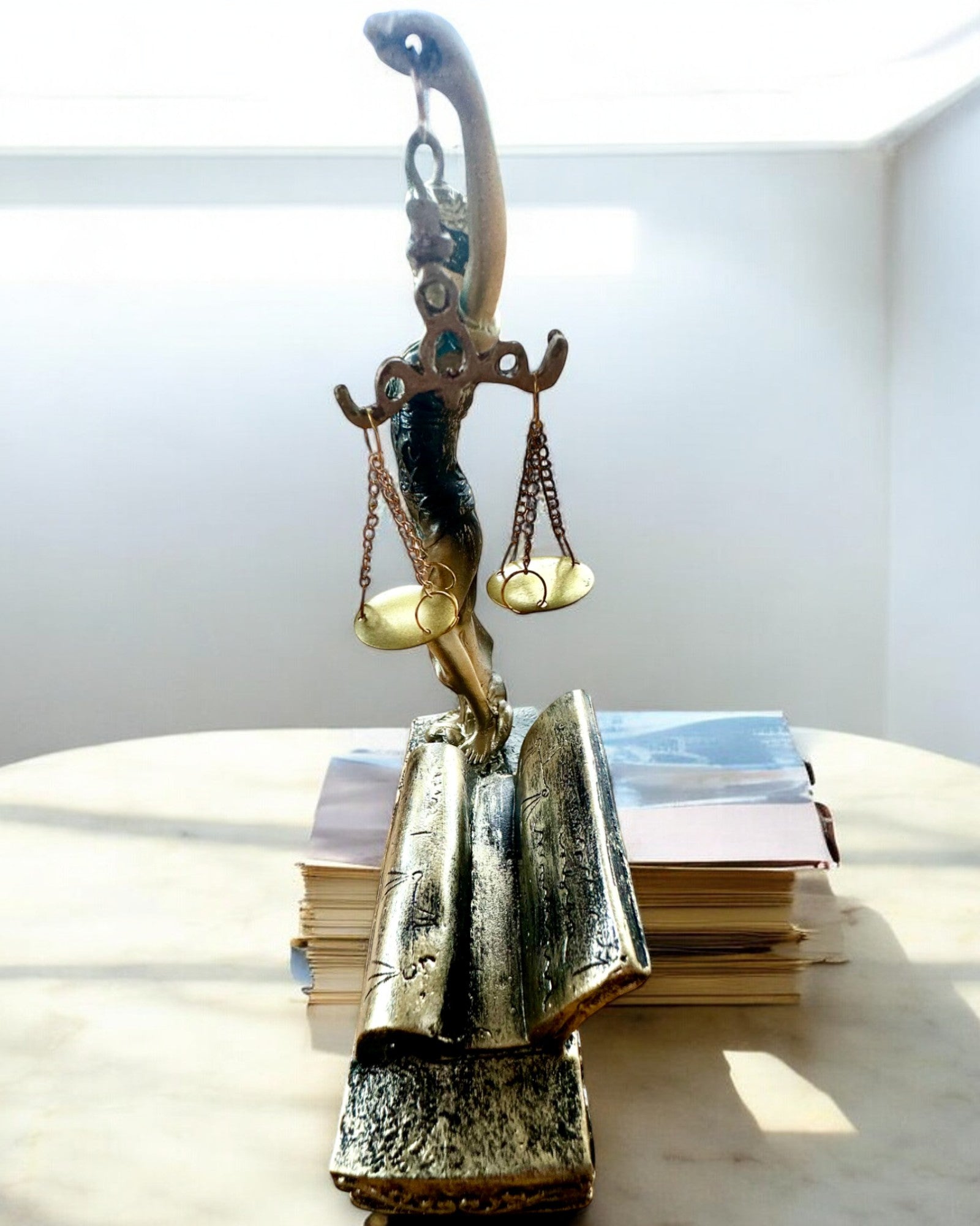 Statuette "Justicia 2" - Göttin der Gerechtigkeit – Künstlerische Dekoration für das Regal, Kunsthandwerk aus Harz, Personalisierung mit Gravur