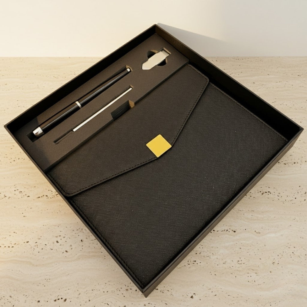 Elegantes Premium-Geschenkset – A5-Notizbuch mit Kugelschreiber und 16GB-USB-Stick in Box – Schwarz-Gold – EE9