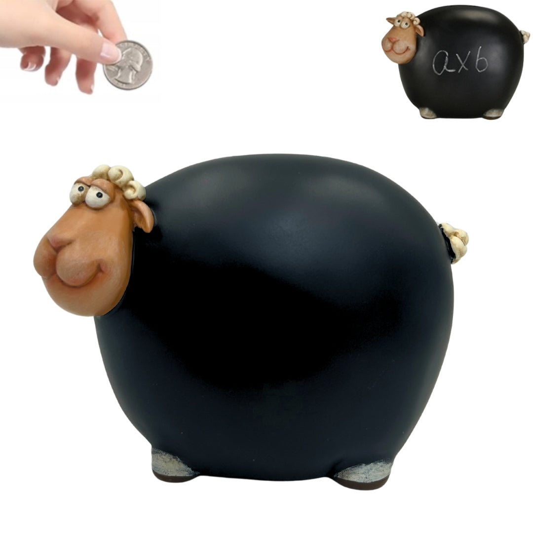 Spardose Schäfchen aus Tafelfarbe mit Personalisierungsmöglichkeit – Schwarz mit beigen und weißen Elementen, Höhe 19,5 cm