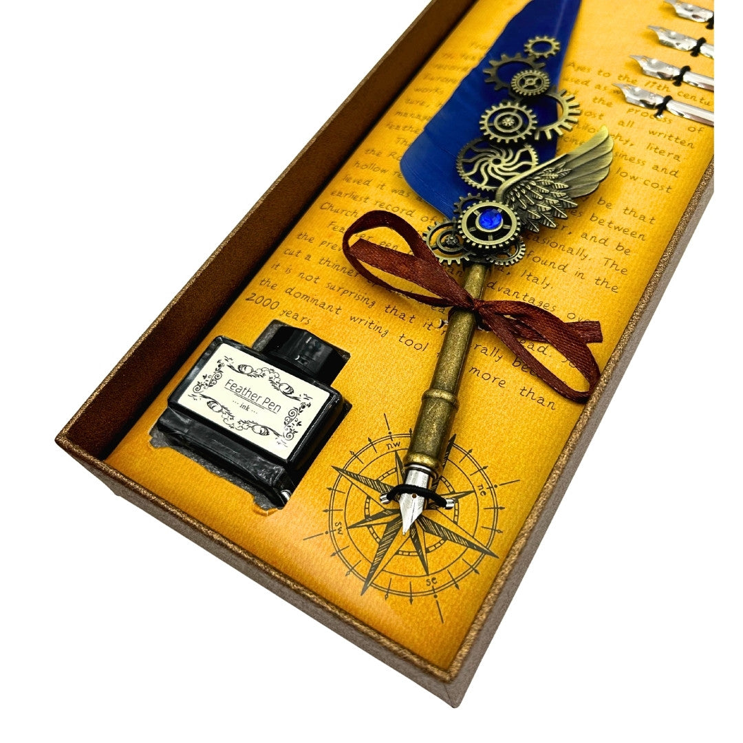 Retro-Kalligrafie-Set mit blauer Gänsefeder, Vintage, 6 Federspitzen, Tinte, Geschenk – EE11