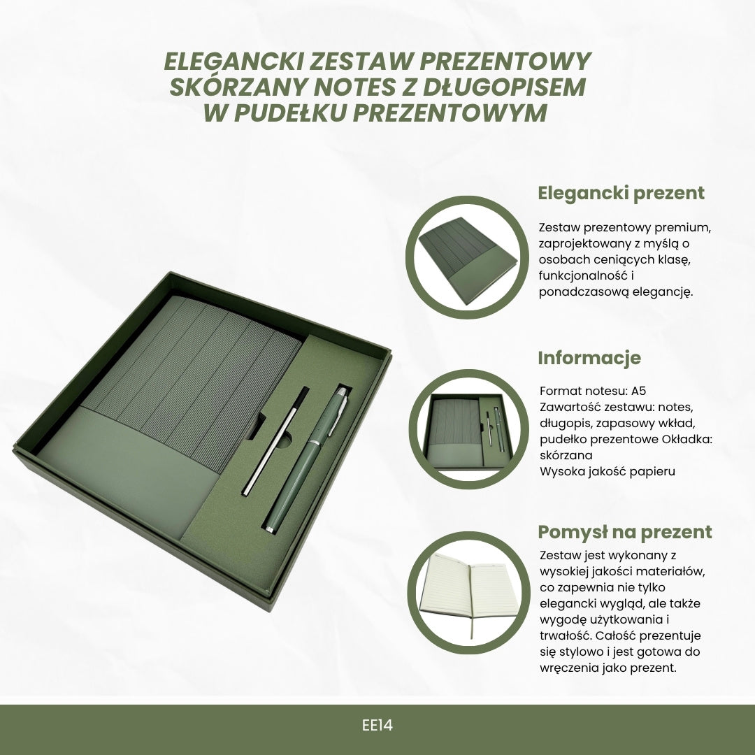 Elegantes Geschenkset mit personalisierter Gravur - Leder-Notizbuch A5 in Olivgrün mit Kugelschreiber und Ersatzmine in ästhetischer Geschenkbox