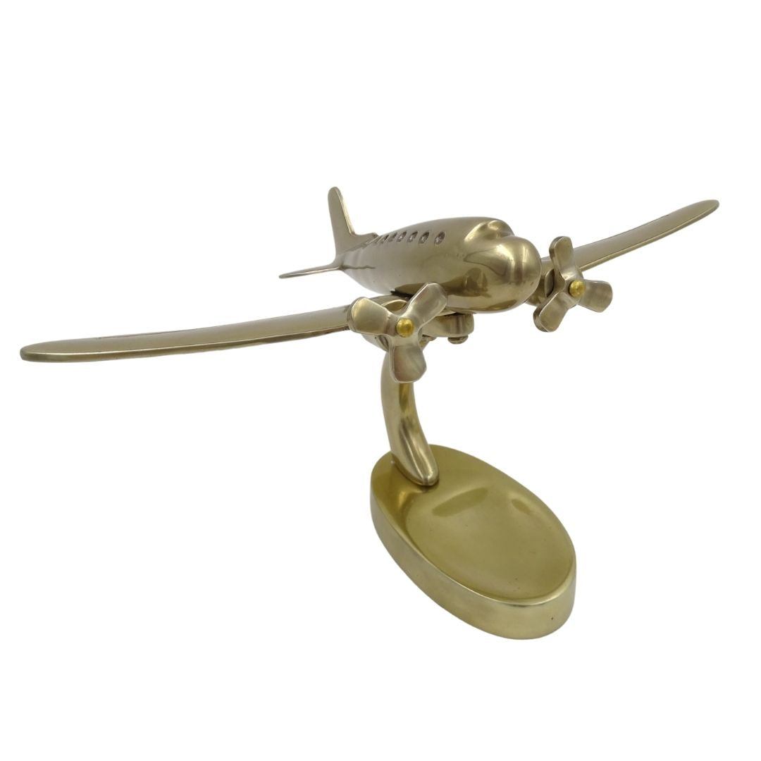 Großes Metallmodell eines zweimotorigen Flugzeugs mit personalisierbarer Gravur, goldfarben, 19,5 x 16,5 x 29 cm