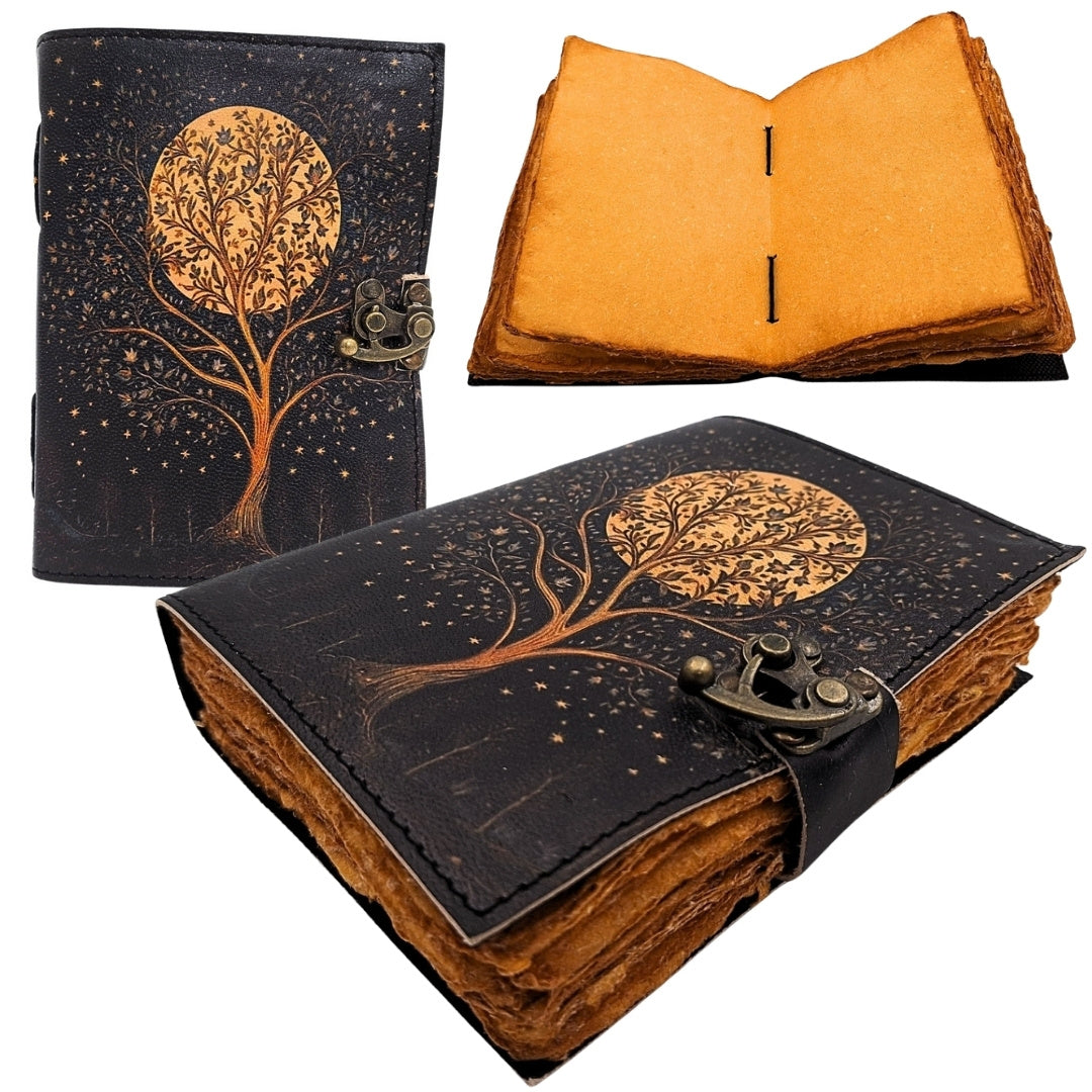 Leder-Notizbuch Vintage Retro Baum und Mond, 200 Seiten – AH08