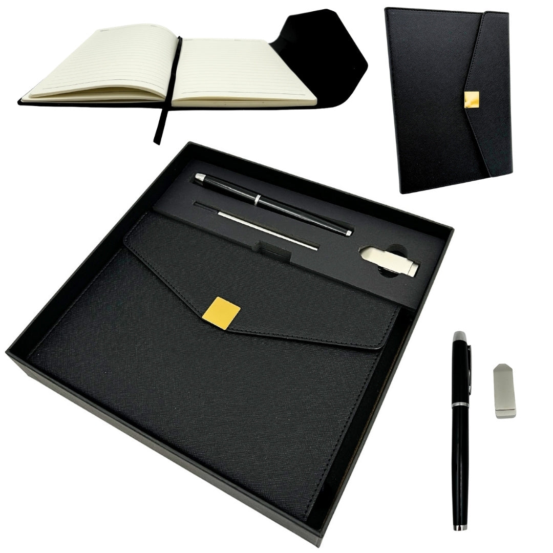 Elegantes Premium-Geschenkset – A5-Notizbuch mit Kugelschreiber und 16GB-USB-Stick in Box – Schwarz-Gold – EE9