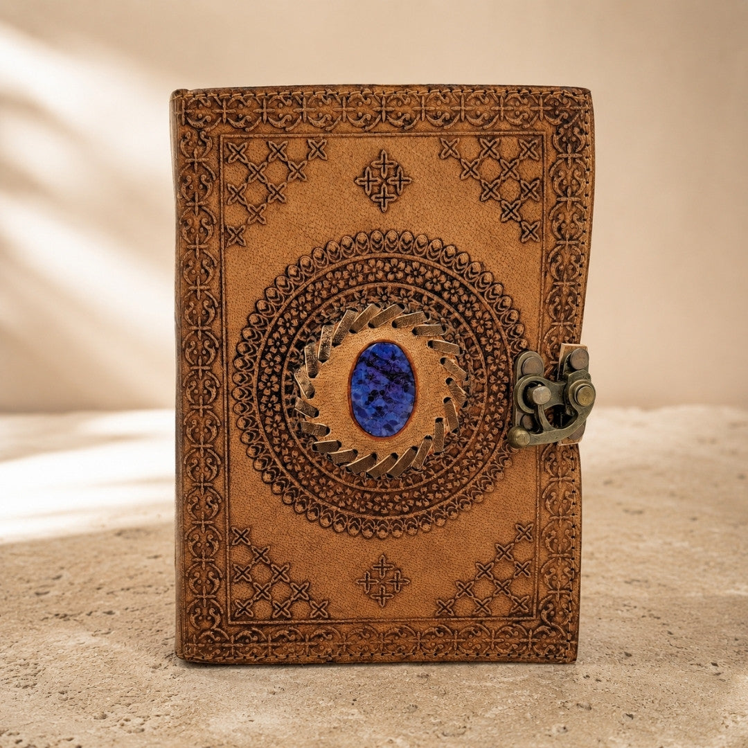 Retro-Ledernotizbuch mit Stein - Büffelleder - AH16