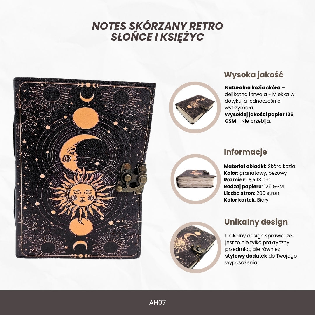 Dekoratives Leder-Notizbuch Sonne und Mond, 200 Seiten - AH07