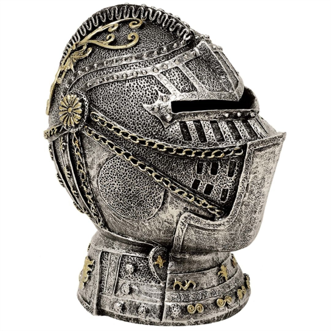 Dekorative Spardose Ritterhelm mit Gravur – antikes Silber, 13 cm