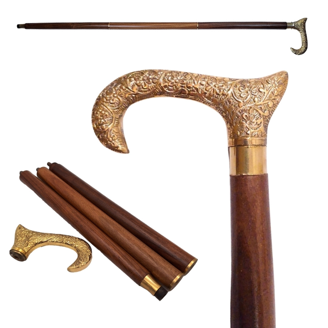 Holzgehstock mit goldenem Griff - faltbar - elegantes Geschenk mit Möglichkeit zur Personalisierung durch Gravur - 91,5 cm, braun mit Messinggriff