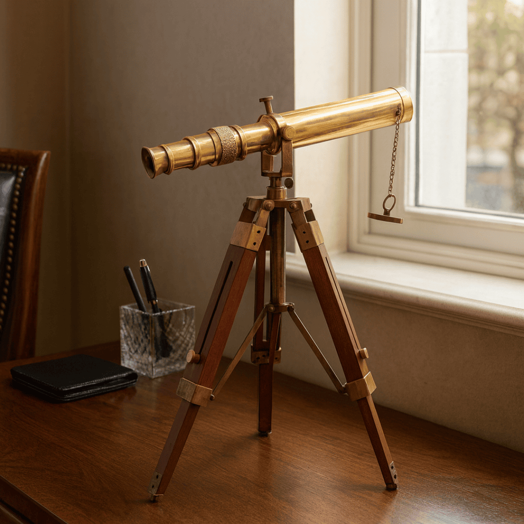 Retro-Messing-Fernrohr auf Holzstativ – verstellbare Höhe – SR010