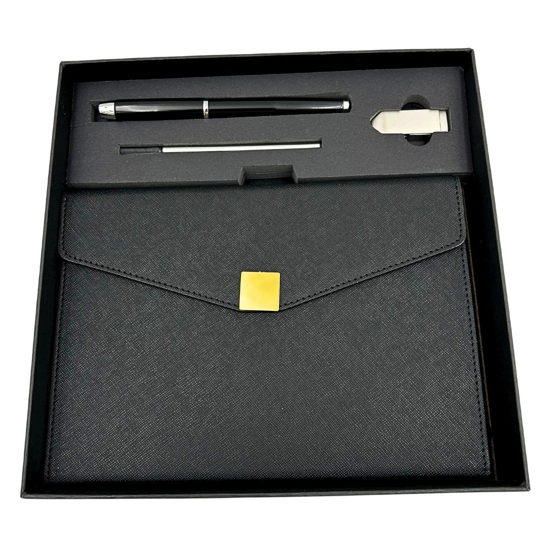 Elegantes Premium-Geschenkset – A5-Notizbuch mit Kugelschreiber und 16GB-USB-Stick in Box – Schwarz-Gold – EE9