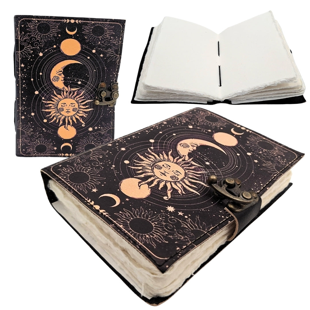 Dekoratives Leder-Notizbuch Sonne und Mond, 200 Seiten - AH07