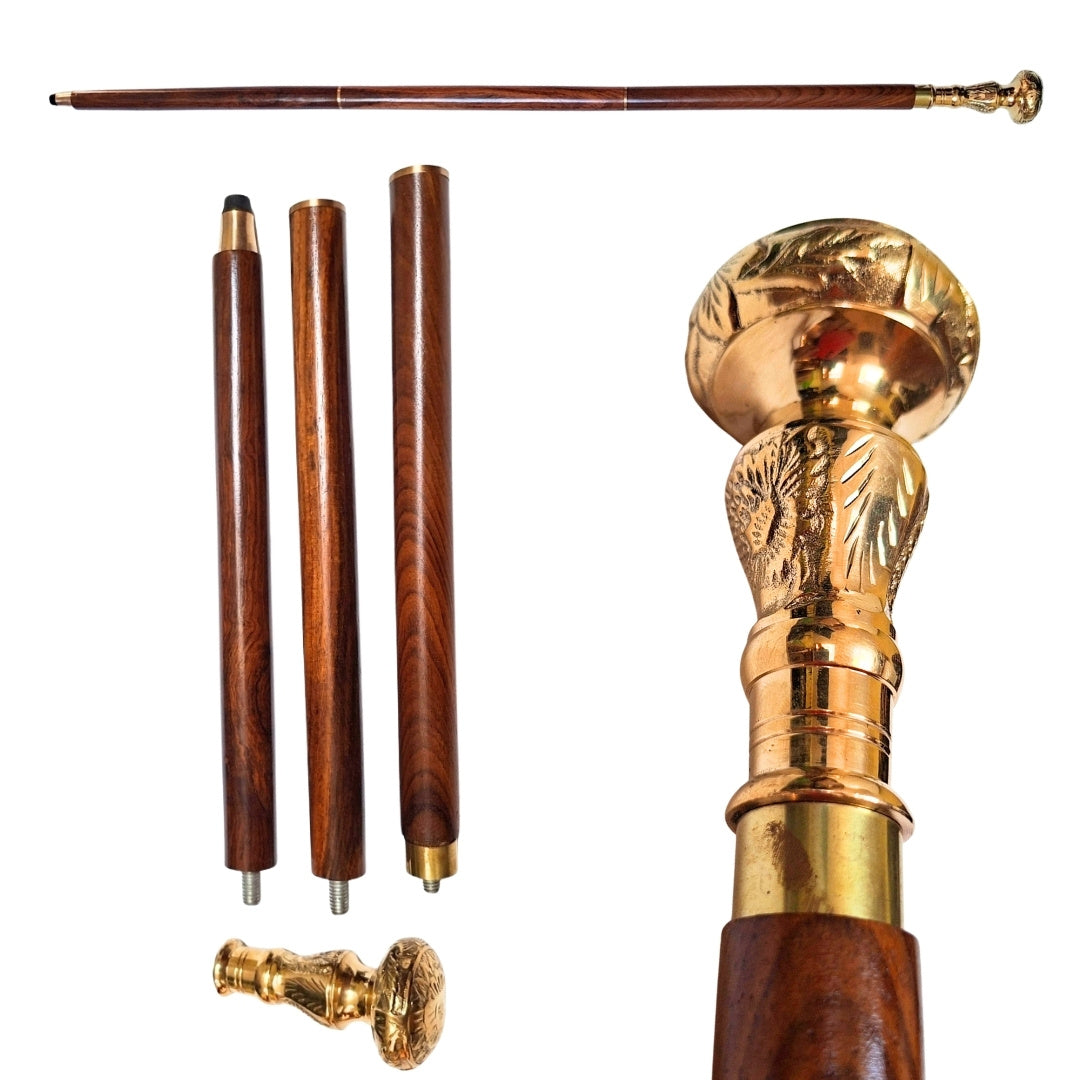 Eleganter faltbarer Gehstock mit Messinggriff - Brauner Holzgehstock mit Gravurmöglichkeit - Ideales Geschenk für Senioren im Retro-Stil - Maximale Länge 96 cm