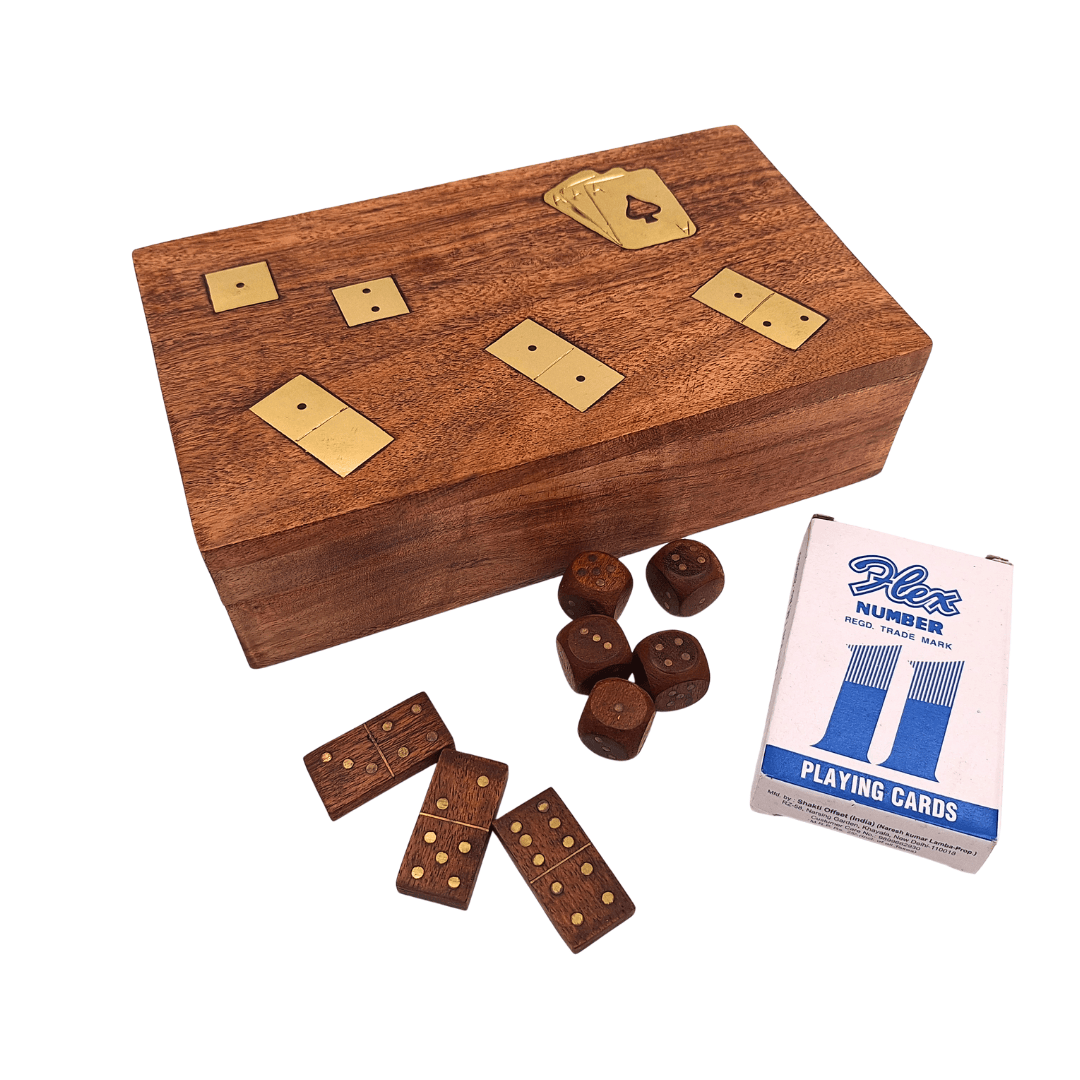 3-in-1-Spieleset in Holzschachtel Karten Domino Würfel - DNU-011