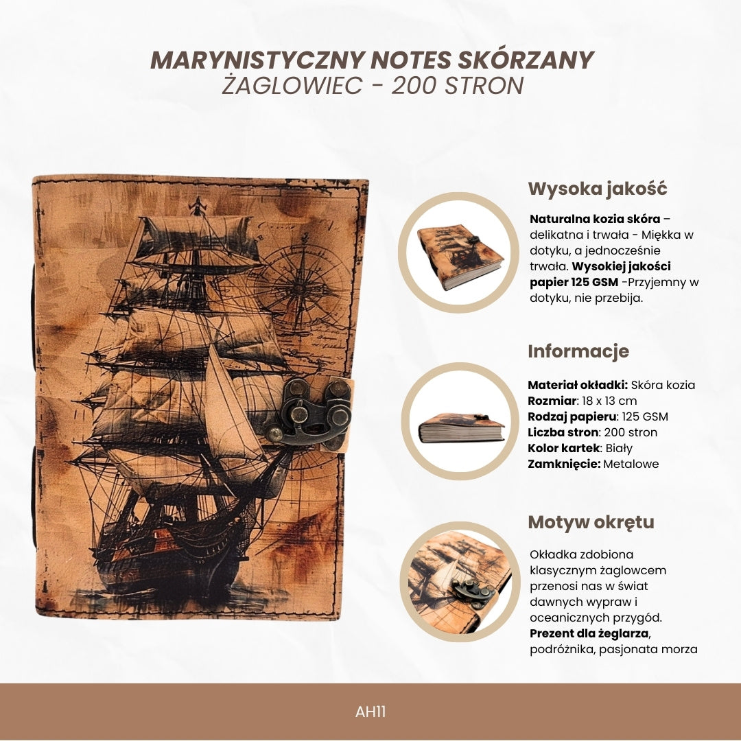 Maritimes Retro-Leder-Notizbuch Segelschiff - Geschenk für einen Segler – AH11
