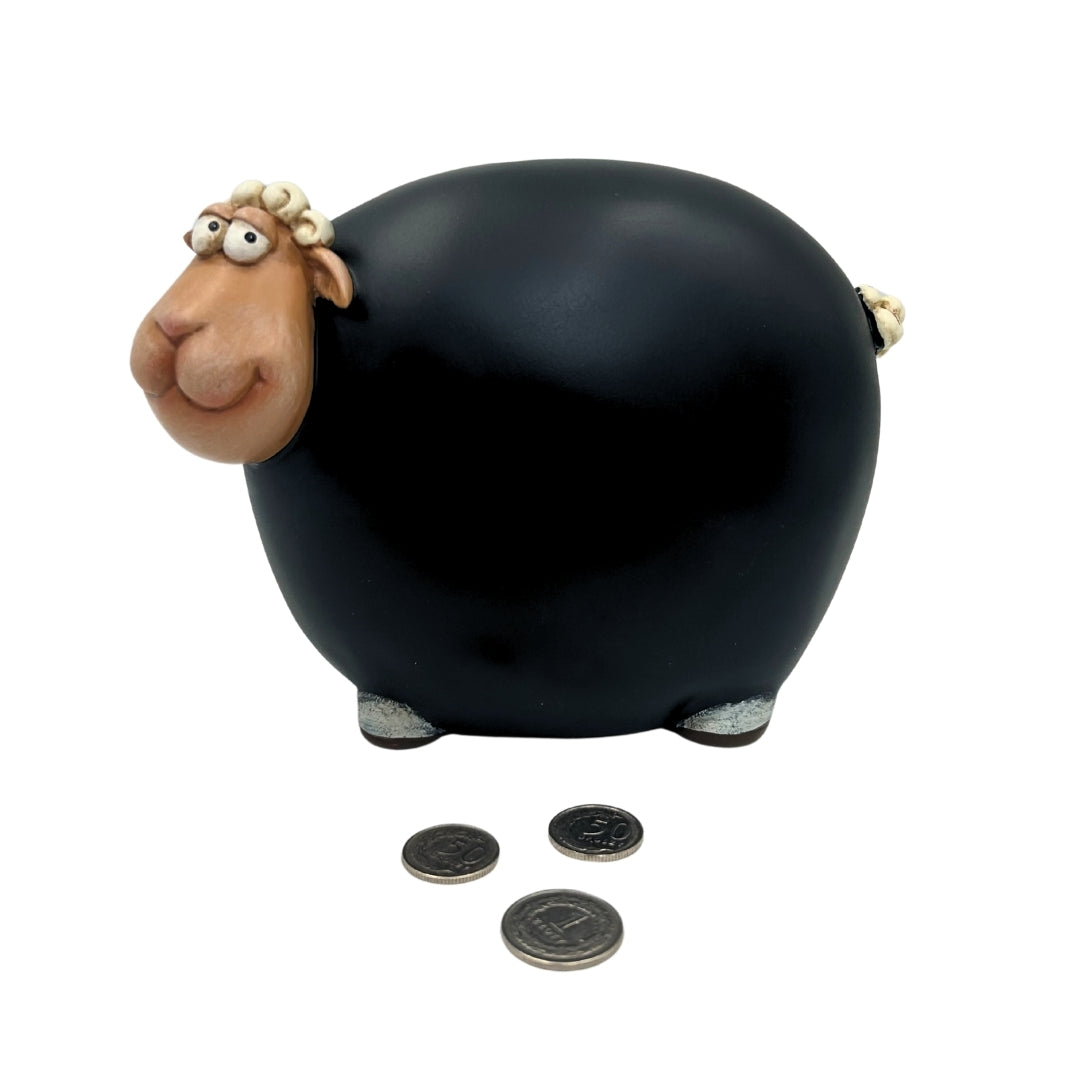 Spardose Schäfchen aus Tafelfarbe mit Personalisierungsmöglichkeit – Schwarz mit beigen und weißen Elementen, Höhe 19,5 cm
