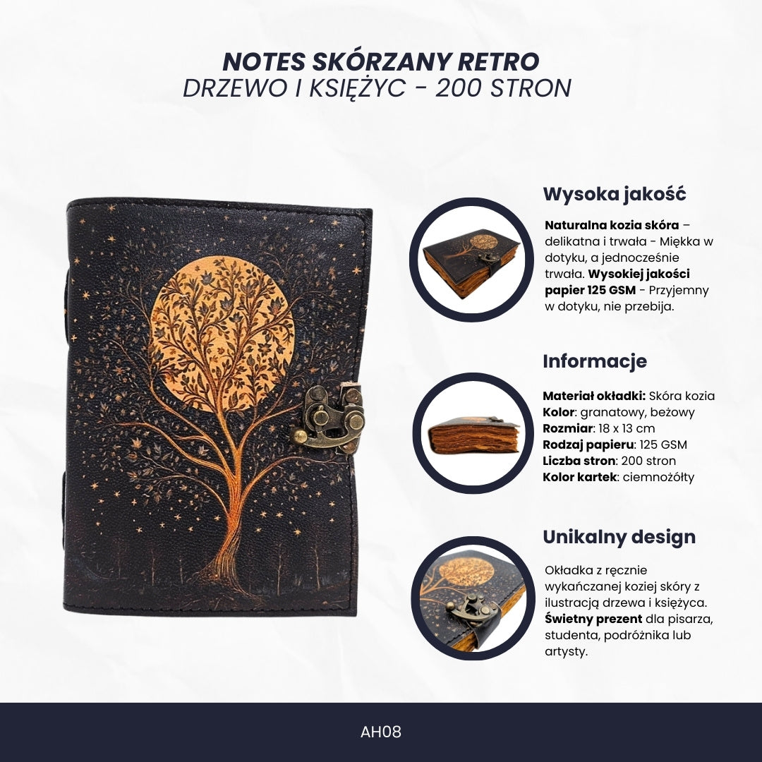 Leder-Notizbuch Vintage Retro Baum und Mond, 200 Seiten – AH08