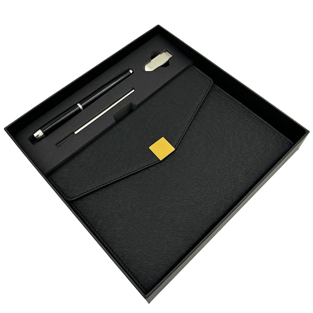 Elegantes Premium-Geschenkset – A5-Notizbuch mit Kugelschreiber und 16GB-USB-Stick in Box – Schwarz-Gold – EE9