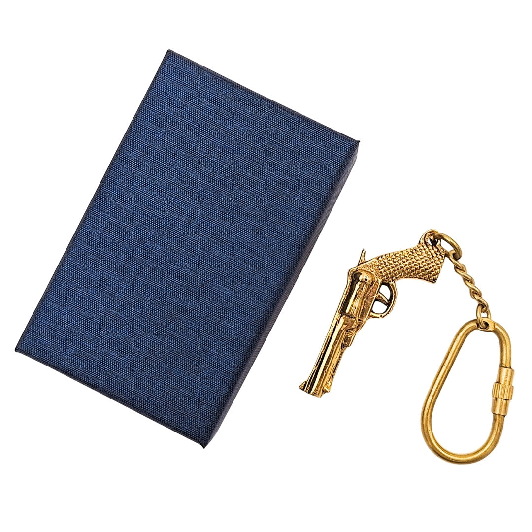 Messing-Schlüsselanhänger Revolver in eleganter Schachtel - Gadget für Western-Fans – KRT19A