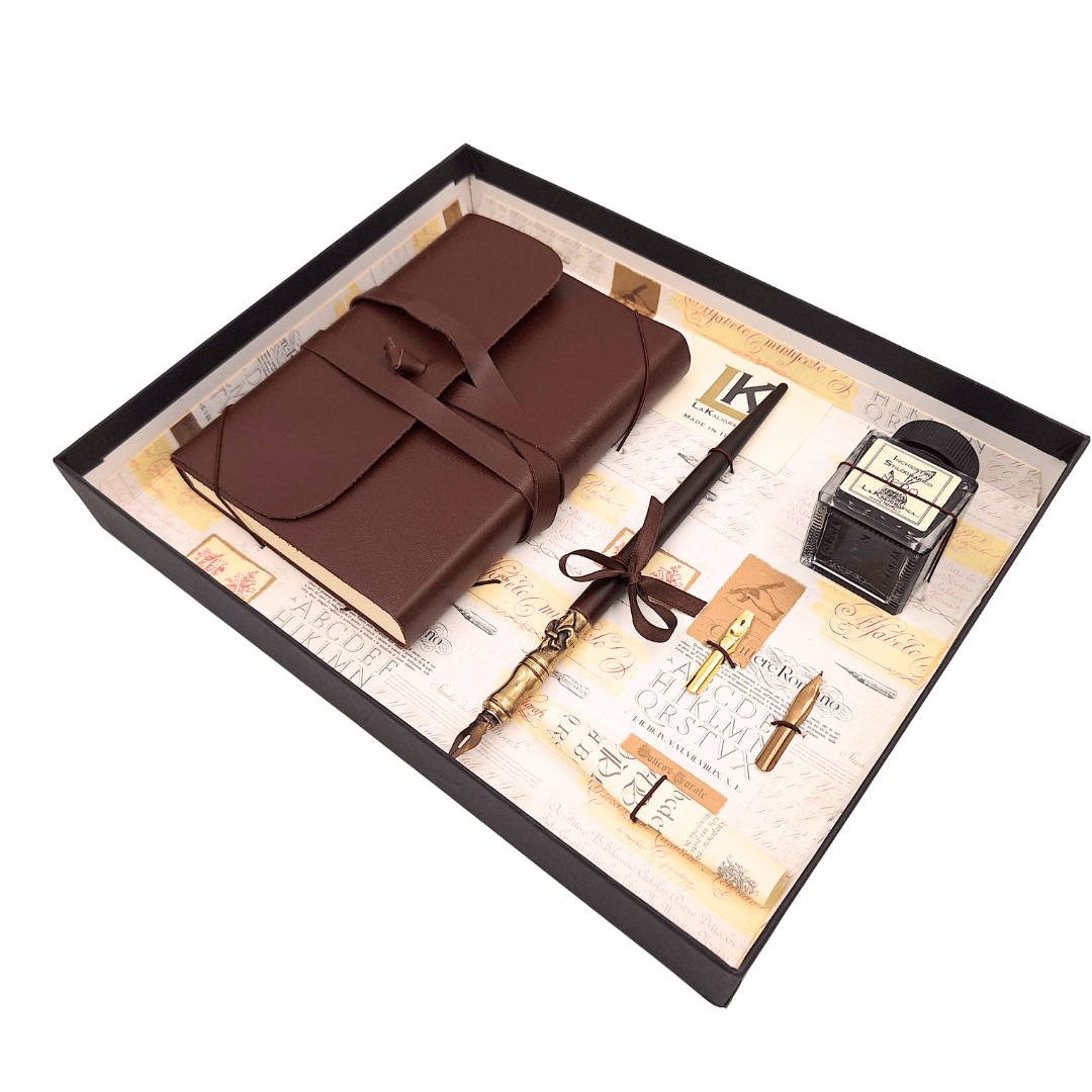 Exklusives Kalligrafie-Set mit Notizbuch - Feder + 3 Schreibfedern + Tintenfass - 5006