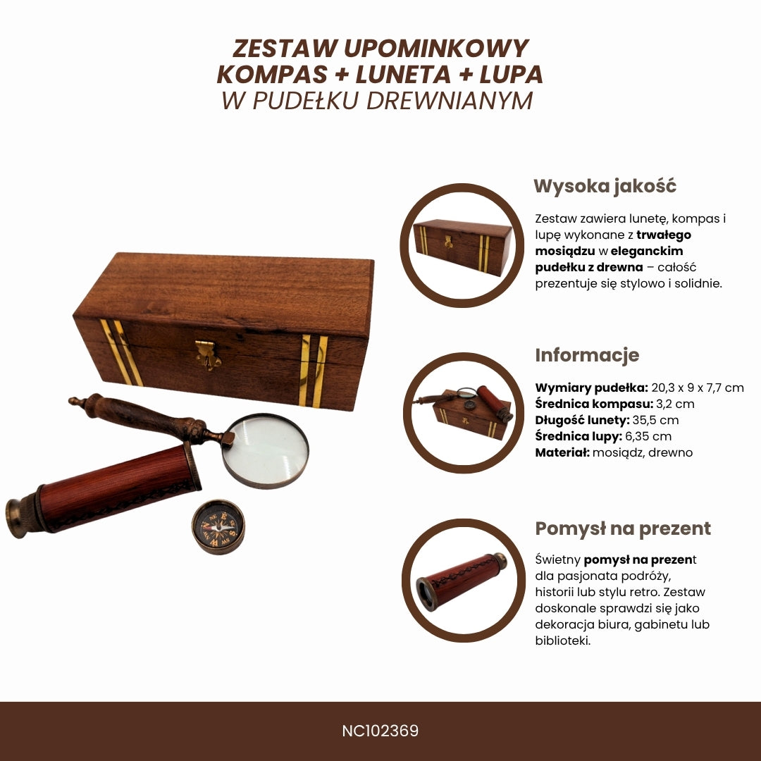 Exklusives Retro-Geschenkset – Fernrohr, Kompass und Lupe - NC102369