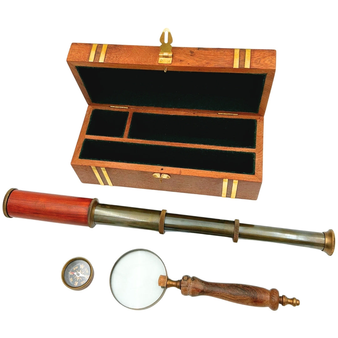 Exklusives Retro-Geschenkset – Fernrohr, Kompass und Lupe - NC102369