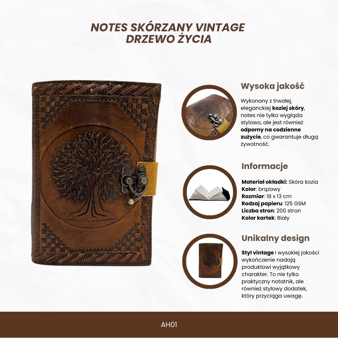 Leder-Notizbuch Vintage Retro 200 Seiten – Baum des Lebens - AH01