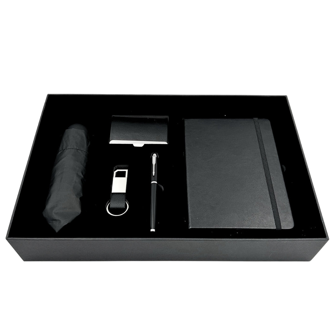 Elegantes Premium-Business-Geschenkset - Ledernotizbuch Regenschirm Visitenkartenetui Kugelschreiber Schlüsselanhänger - EE15