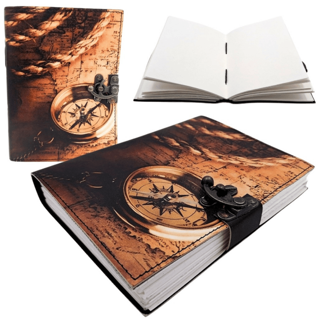 Notizbuch Leder Kompass Retro Vintage 200 Seiten – Geschenk für Reisende - AH10A