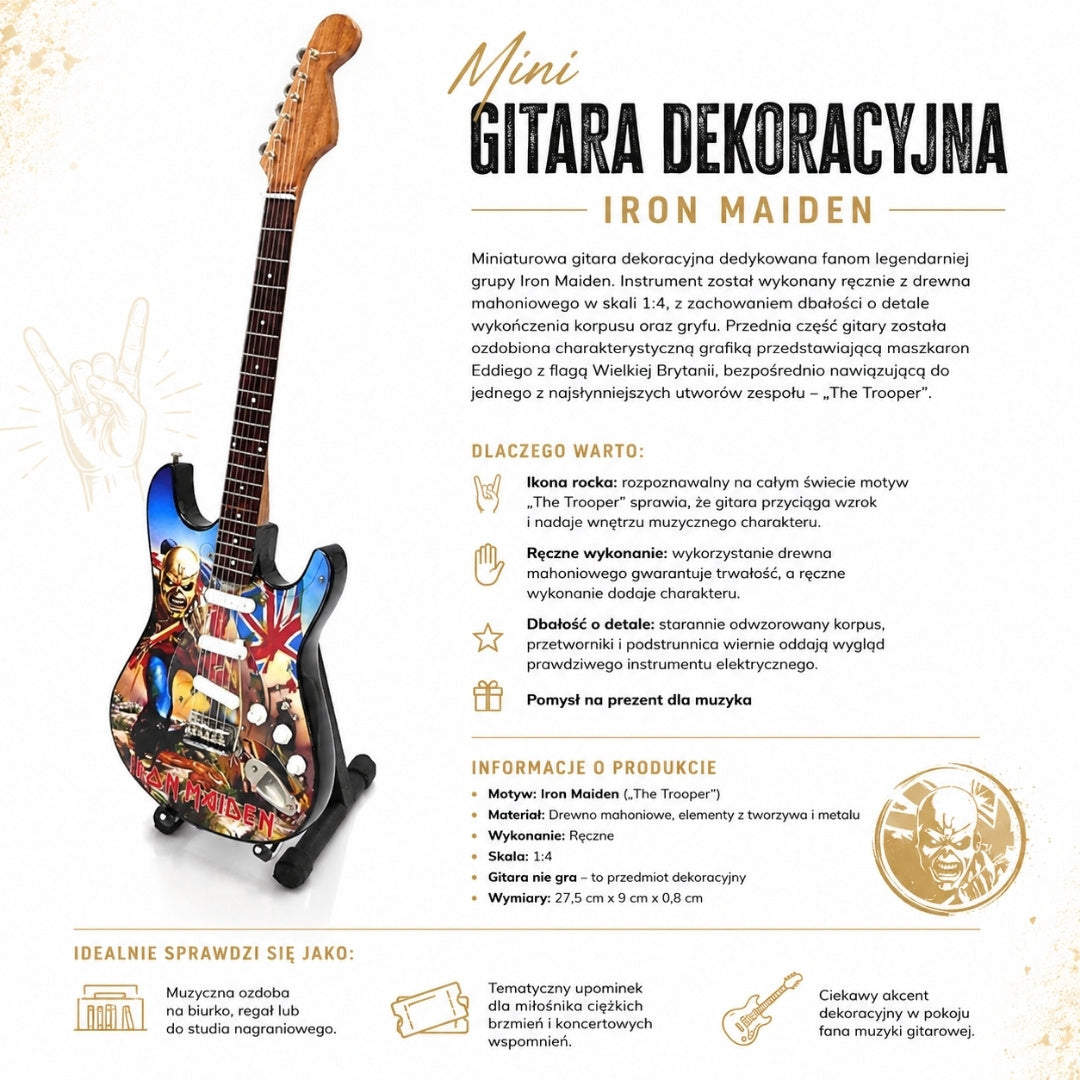 Mini-Dekorationsgitarre Iron Maiden „The Trooper“ aus Mahagoni – handgefertigte Dekoration für Musikfans