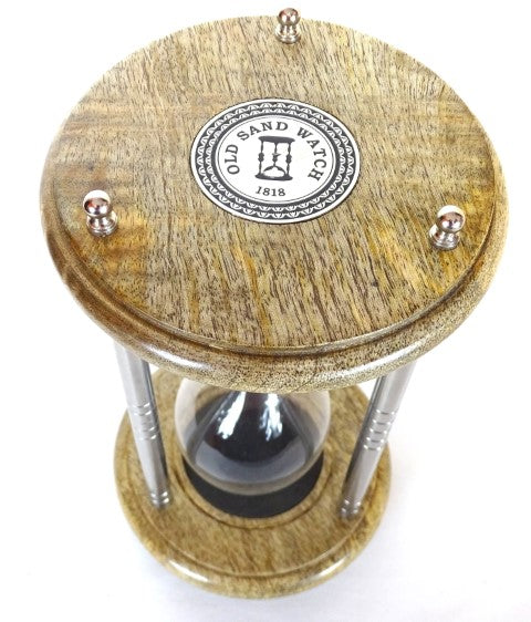 Messing-Holz-Sanduhr 10 min mit Gravur - elegantes Geschenk in Schwarz, Höhe 25 cm, gefertigt aus Metall, Glas und Mangoholz
