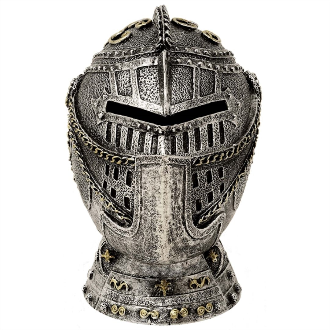 Dekorative Spardose Ritterhelm mit Gravur – antikes Silber, 13 cm
