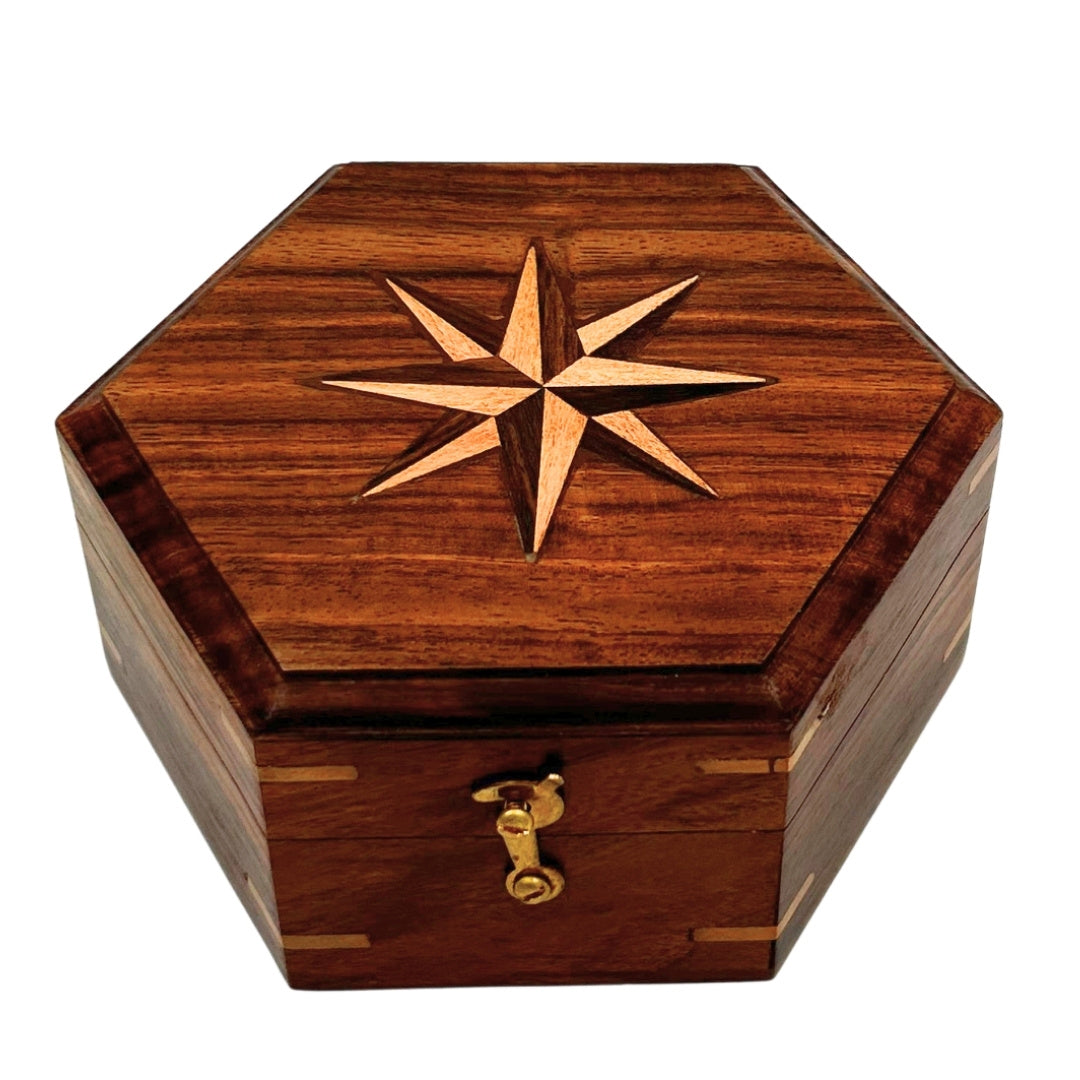 Messingkompass mit Sonnenuhr in eleganter Holzschachtel - Ideales Geschenk mit Personalisierung durch Gravur - Retro-Stil, klassische Ausführung, hohe Qualität