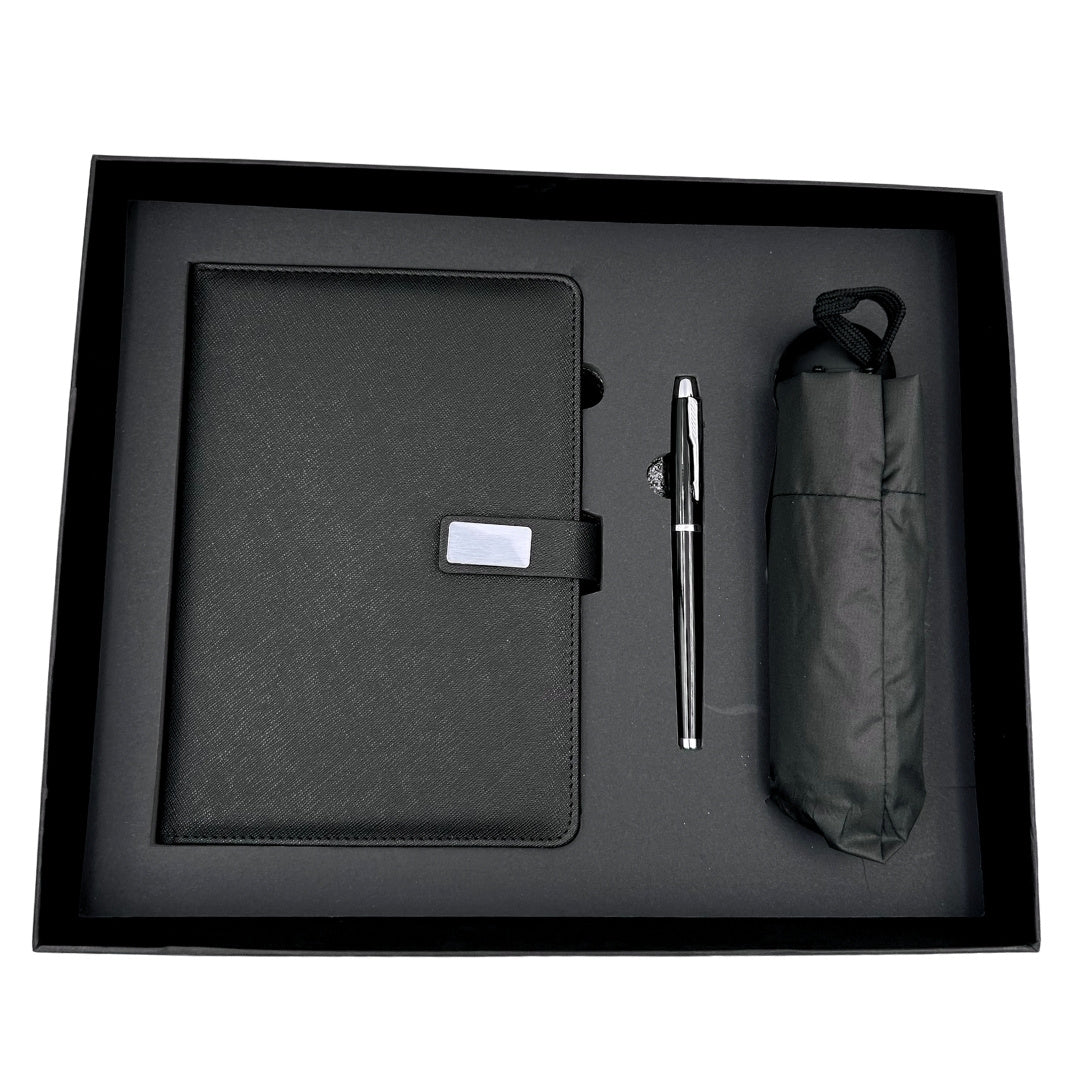 Elegantes Geschenkset - Ledernotizbuch mit Regenschirm und Kugelschreiber in Geschenkbox - EE12