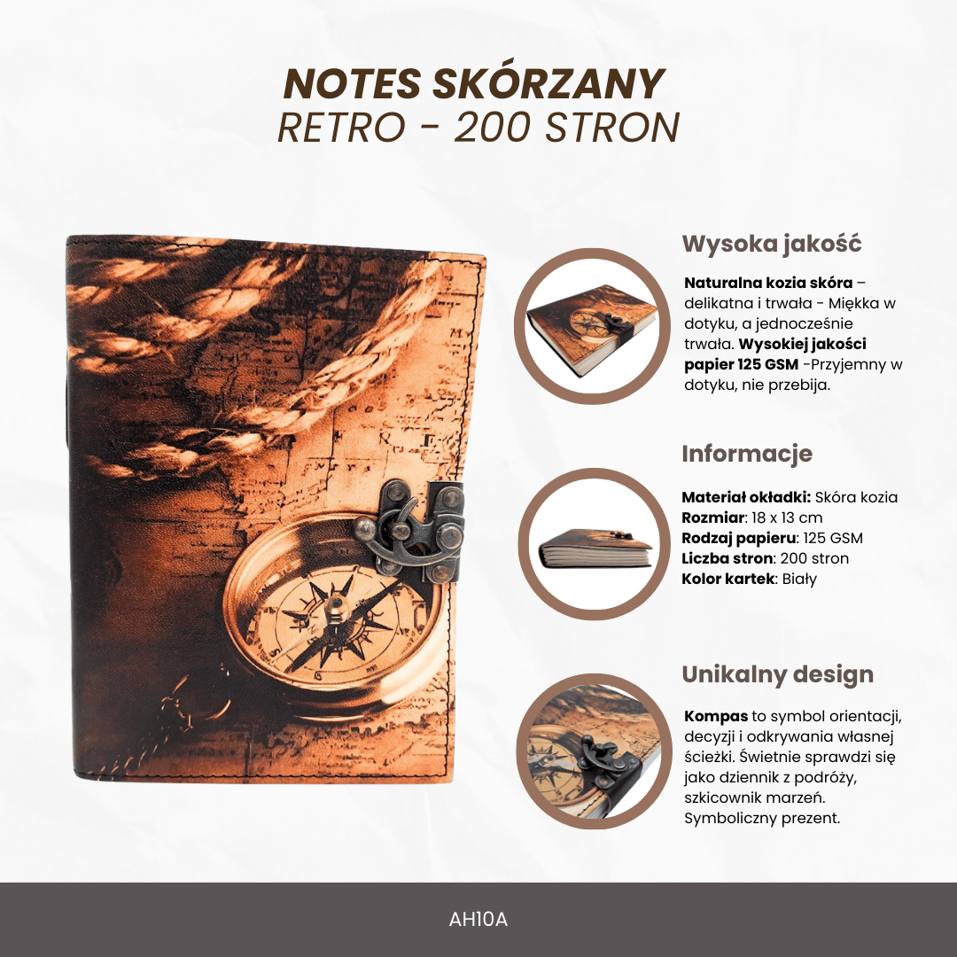 Notizbuch Leder Kompass Retro Vintage 200 Seiten – Geschenk für Reisende - AH10A
