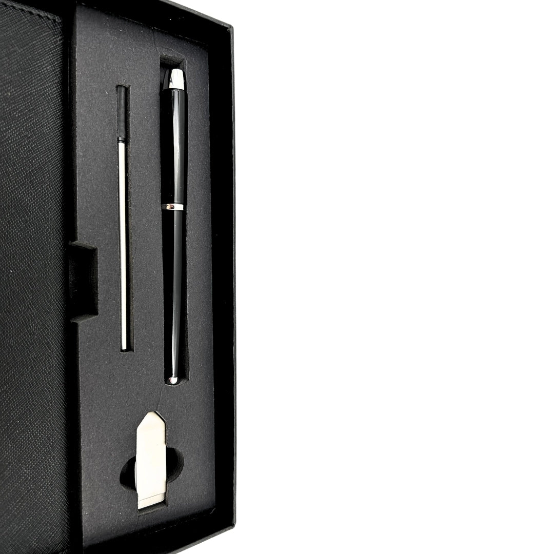 Elegantes Premium-Geschenkset – A5-Notizbuch mit Kugelschreiber und 16GB-USB-Stick in Box – Schwarz-Gold – EE9