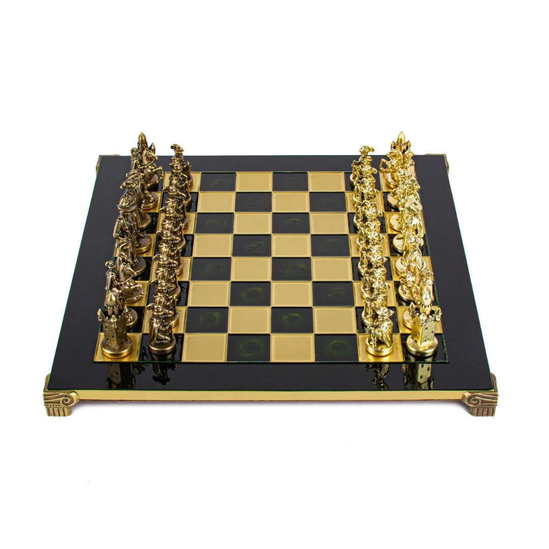 Exklusive Metallschachfiguren – Messing-Schachbrett 44 x 44cm – Mittelalter – S12CBLU