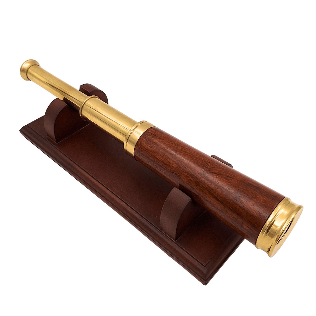 Messing-Holz-Fernrohr auf elegantem Holzsockel – Retro-Dekoration – CER029