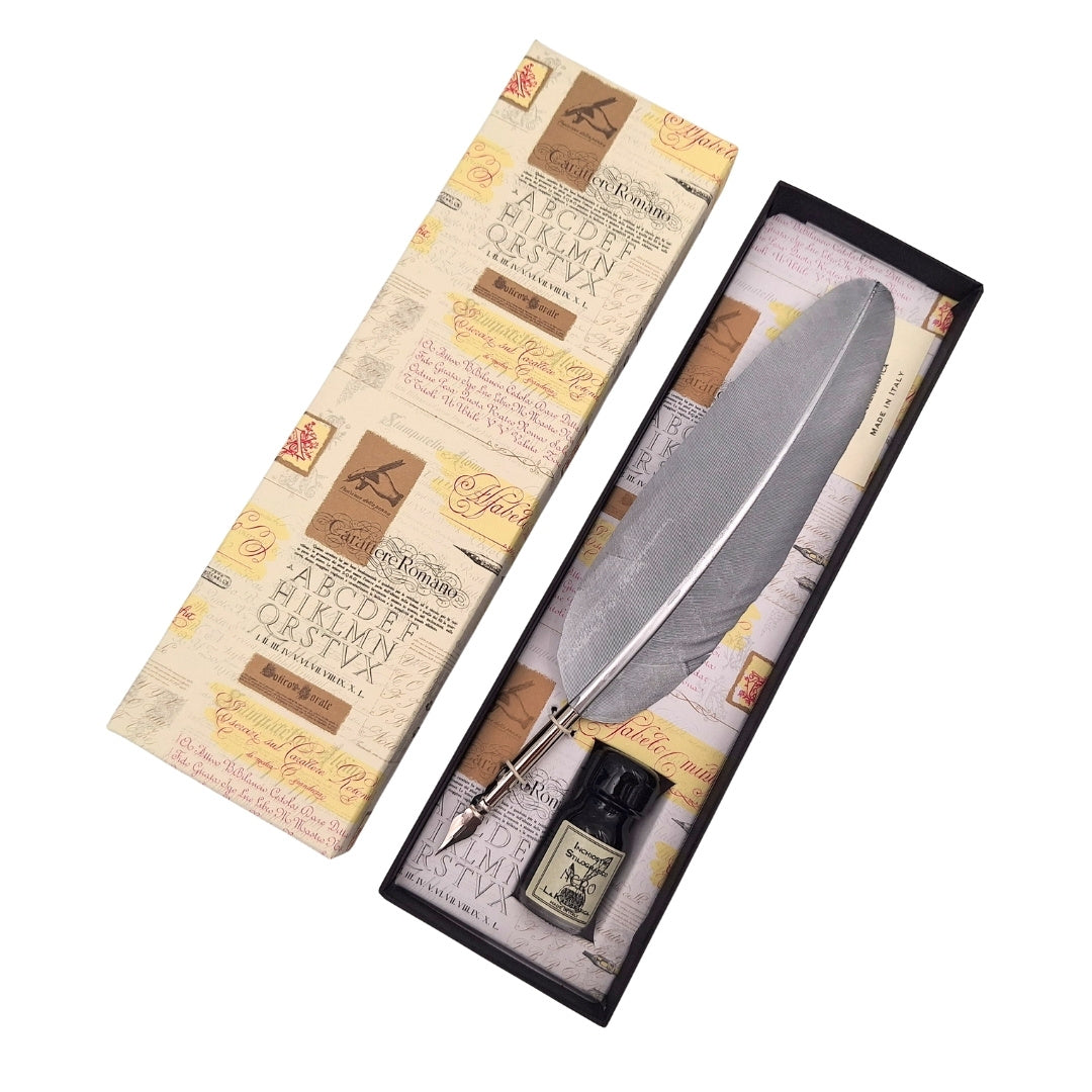 Kalligrafie-Set - silberne Gänsefeder mit Federhalter + Tinte – 7262/A