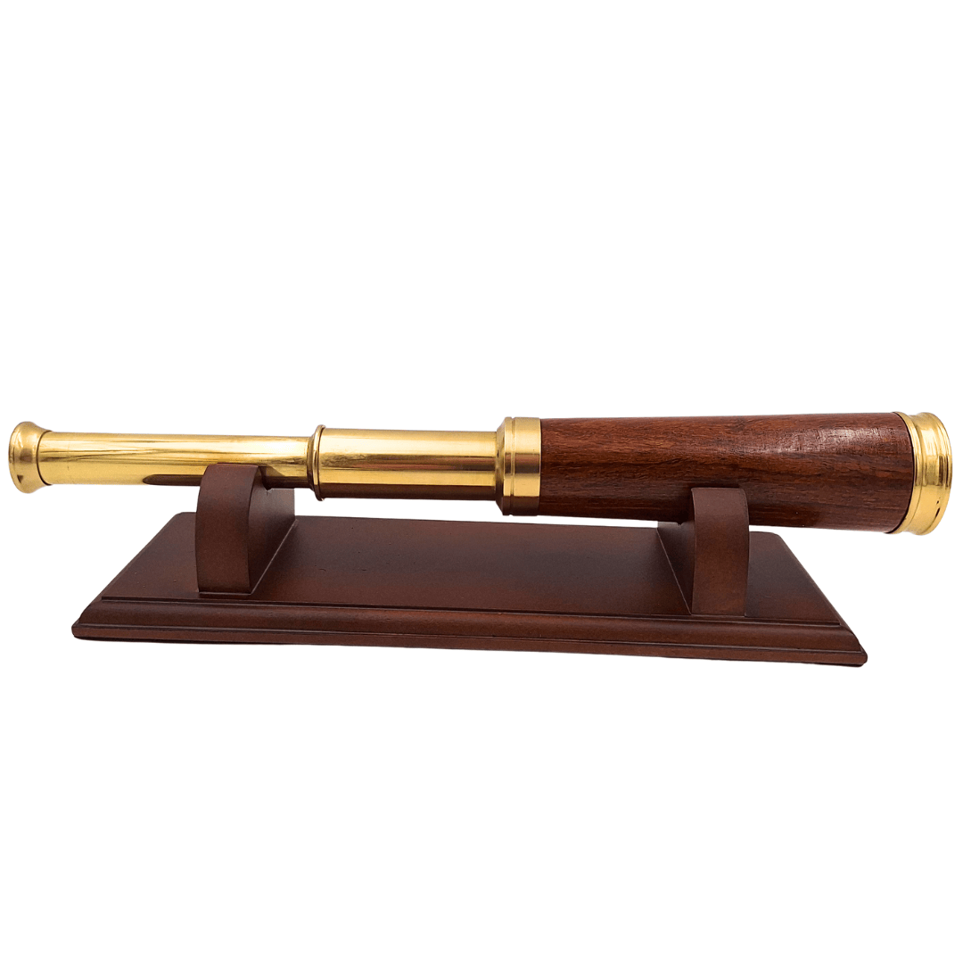 Messing-Holz-Fernrohr auf elegantem Holzsockel – Retro-Dekoration – CER029