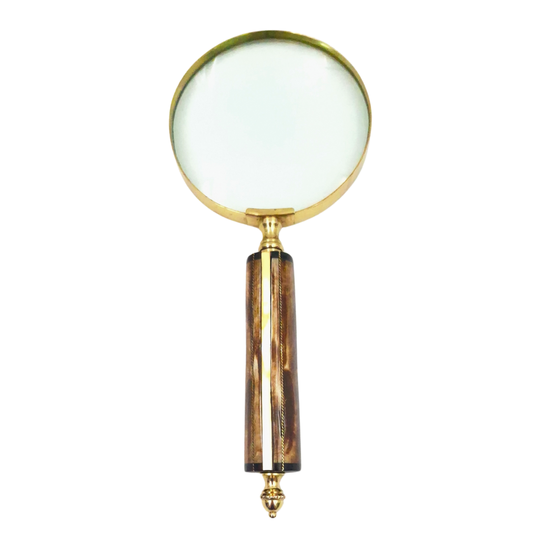 MFM-Lupe in Messingfassung mit Knochengriff, 3.5x Vergrößerung, Personalisierung durch Gravur, ideal als Geschenk für Sammler, goldene und weiße/cremefarbene Farbe, Maße 10 x 23 x 1.9 cm