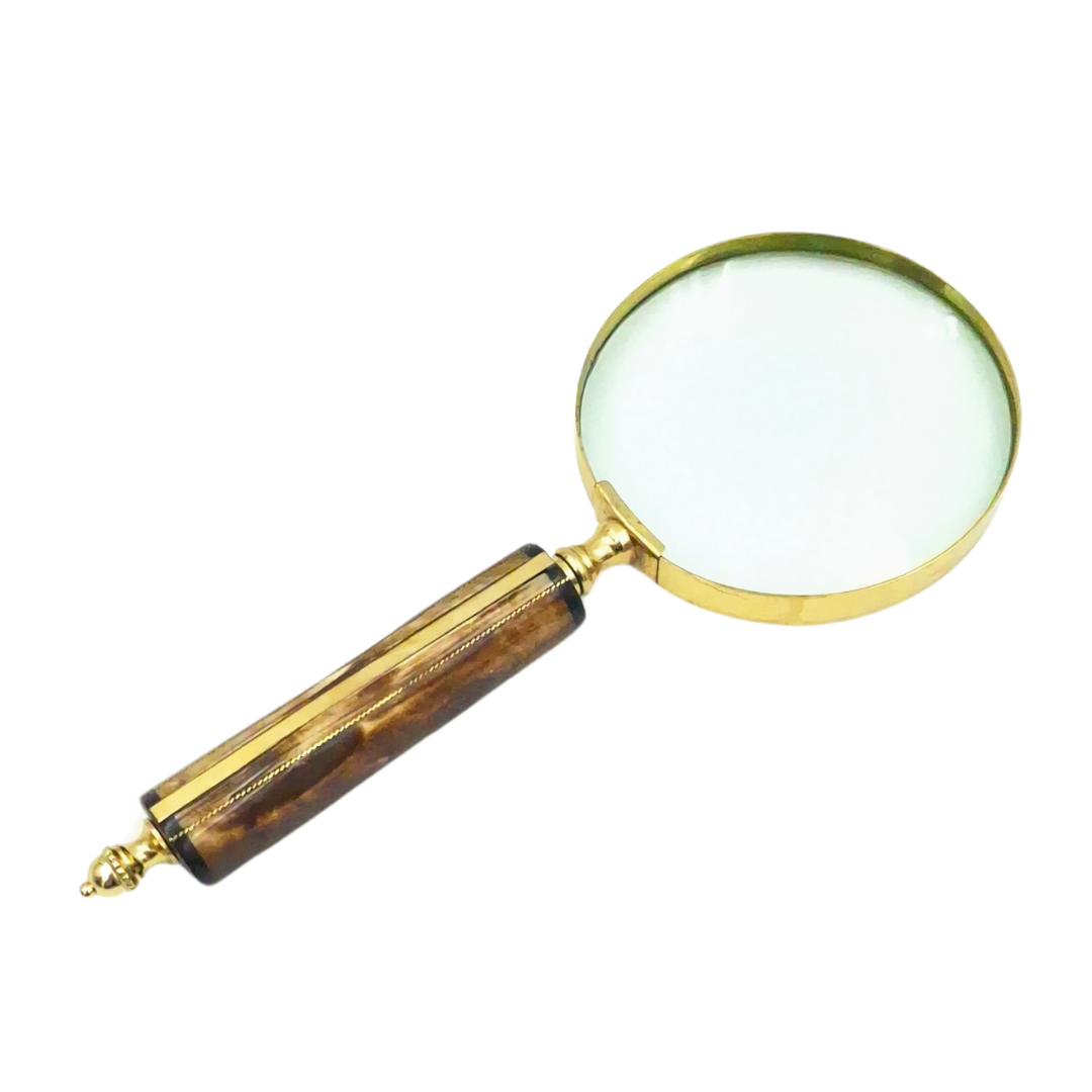 MFM-Lupe in Messingfassung mit Knochengriff, 3.5x Vergrößerung, Personalisierung durch Gravur, ideal als Geschenk für Sammler, goldene und weiße/cremefarbene Farbe, Maße 10 x 23 x 1.9 cm