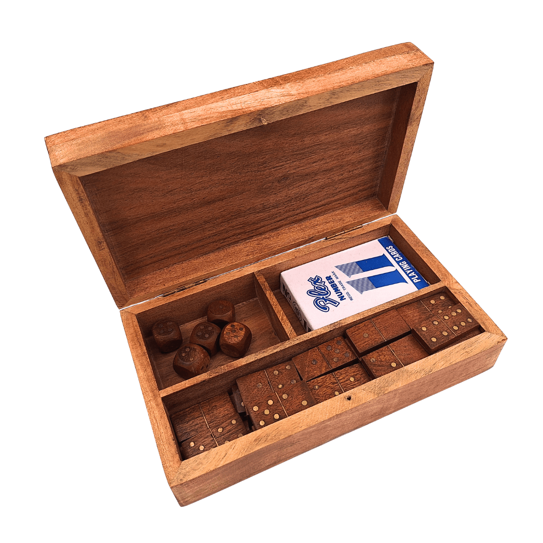 3-in-1-Spieleset in Holzschachtel Karten Domino Würfel - DNU-011