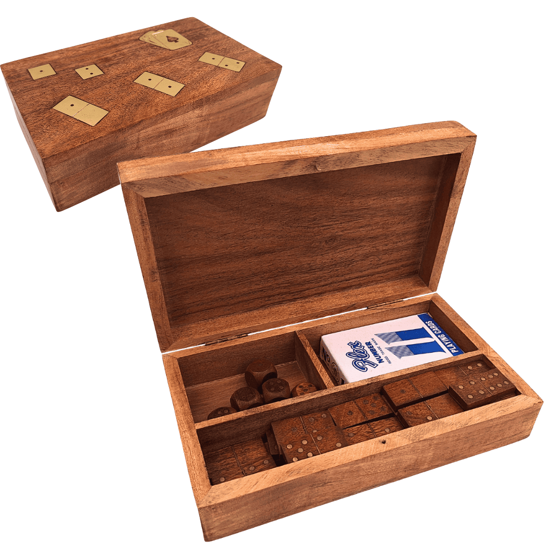 3-in-1-Spieleset in Holzschachtel Karten Domino Würfel - DNU-011