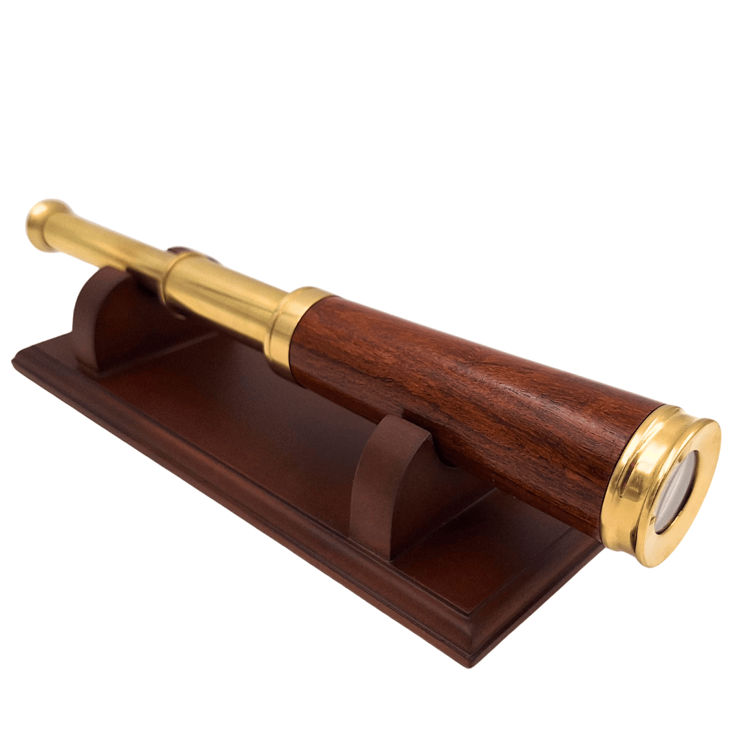 Messing-Holz-Fernrohr auf elegantem Holzsockel – Retro-Dekoration – CER029