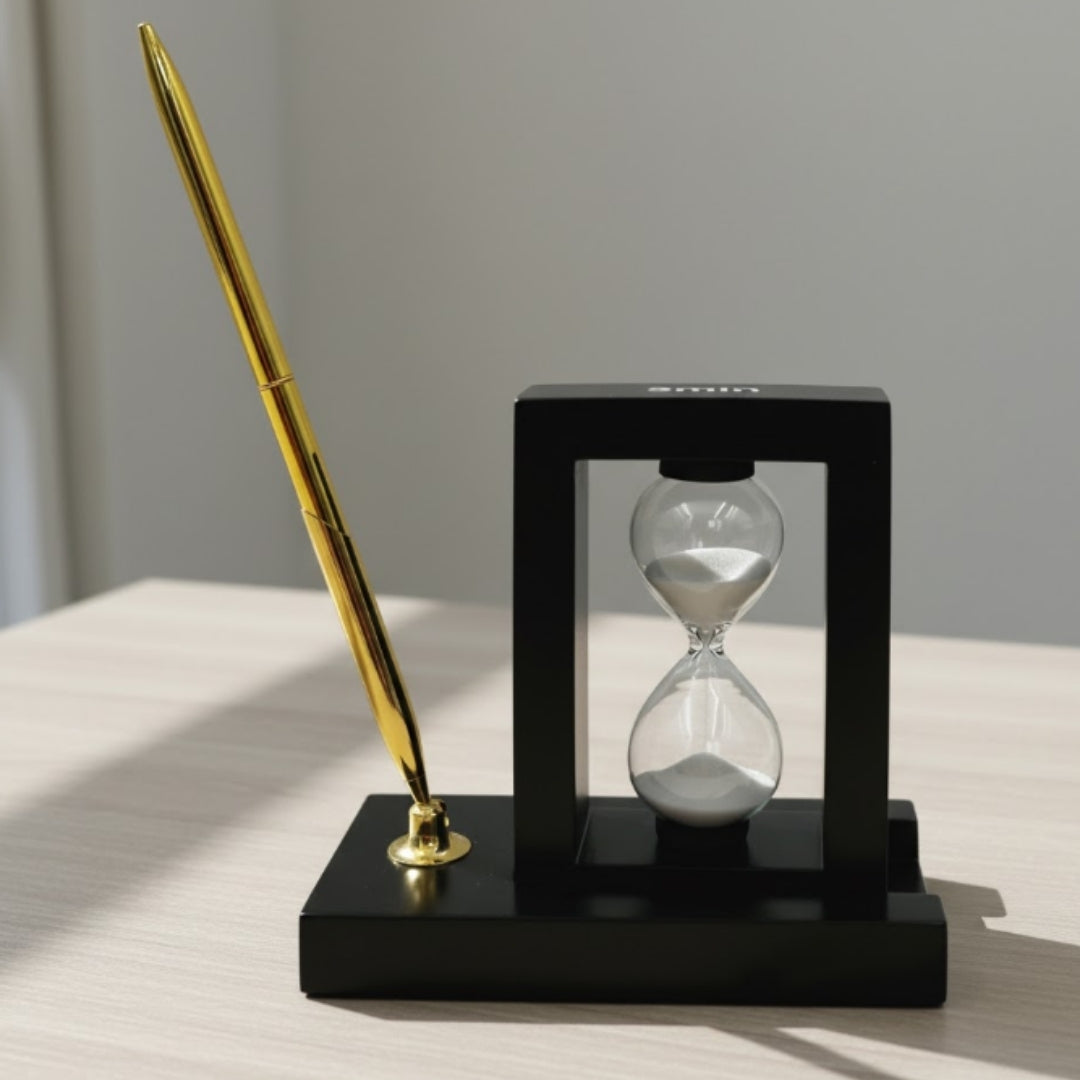Dekoratives Schreibtisch-Set mit 3-Minuten-Sanduhr und Stifthalter – 121W