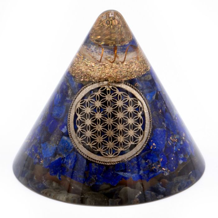 Orgonit-Kegel Lapislazuli Blume des Lebens mit aufgehängtem Quarz - 90 mm, blau-gold, Glasharz und Metallspäne